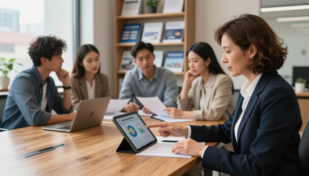 A professional office setting focused on auto insurance coverage determination. In the foreground, a well-dressed insurance agent, a middle-aged woman with short brown hair, is seated at a sleek wooden desk, analyzing documents and pointing at a digital tablet displaying charts. In the middle ground, a diverse group of clients, dressed in business casual attire, engage in a thoughtful discussion, with one client looking thoughtfully at a document. The background features a stylish office decor, with shelves of insurance brochures and a window showing a sunny cityscape. Soft, natural lighting filters through the window, creating a warm and inviting atmosphere, while a slight depth of field focuses on the agent and clients.