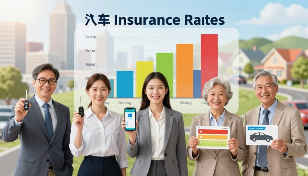 A visually engaging illustration depicting the various factors affecting auto insurance rates. In the foreground, display a diversified group of people in professional attire—a middle-aged man, a young woman, and a senior couple—each holding items representing insurance factors, like a car key, a smartphone with a driving app, and a vehicle safety rating card. In the middle, depict a bar graph demonstrating various rating factors such as vehicle type, driving history, and location, with vibrant colors for clarity. In the background, show a cityscape and a suburban neighborhood, implying different driving environments. The lighting should be bright and inviting, with a soft-focus lens effect to add warmth, creating an informative yet optimistic atmosphere perfect for beginners learning about auto insurance.
