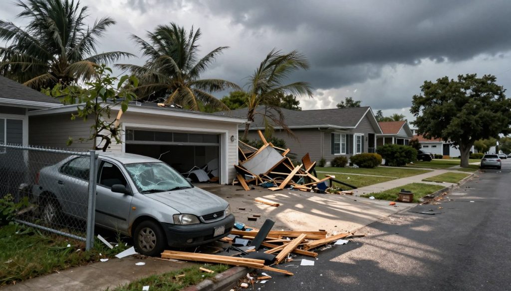 A vivid portrayal of a suburban street scene depicting property damage after a recent storm. In the foreground, a crumpled car with a shattered windshield sits beside a damaged fence, splintered wood scattered on the ground. The middle ground shows a garage with its door partially collapsed, debris strewn around. In the background, leafy trees sway in a breezy atmosphere, their branches slightly broken, while dark clouds loom overhead, hinting at a recent downpour. The lighting is dramatic, with soft gray tones from the stormy sky illuminating the wreckage and casting long shadows, creating a somber but impactful mood. The image should capture the aftermath of an accident, focusing on the vehicle and surrounding property without any people present.