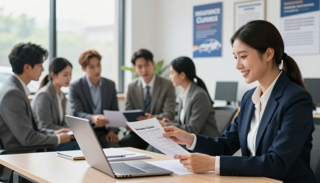 A well-lit office setting depicting the insurance claims process after an auto accident. In the foreground, a professional-looking insurance agent in business attire is seated at a desk, reviewing documents on a laptop, with a friendly expression. The middle ground features a diverse group of individuals, also in business attire, engaged in a discussion, with one person pointing to a claims form. In the background, a large window allows natural light to filter in, casting soft shadows and creating an inviting atmosphere. The walls are decorated with certificates and motivational posters related to insurance and customer service. The overall mood is professional yet approachable, emphasizing clarity and support in navigating the claims process.