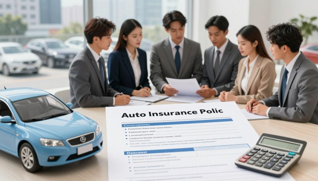 An informative and detailed illustration depicting the essential components of an auto insurance policy. In the foreground, visually represent items such as a car, policy documents, and a calculator to signify coverage types, premiums, and deductibles. In the middle ground, include a diverse group of individuals dressed in professional business attire, reviewing these documents together, conveying collaboration and understanding. In the background, showcase a cityscape with parked cars to create context around urban auto insurance needs. The lighting should be bright and welcoming, illuminating the subjects and documents clearly, mimicking a natural daylight setting. Capture the scene from a slightly elevated angle for depth, creating a mood of clarity and enlightenment about the basics of auto insurance.